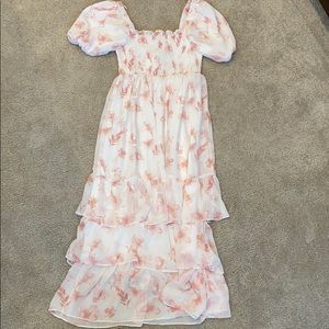 pink and white maxi dress with puff sleeves